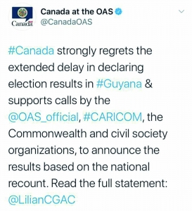 Hugh Adsett’s statement was shared by Canadian Ambassador to Guyana, Lilian Chatterjee